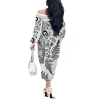 New Zealand Sea Animals Off The Shoulder Long Sleeve Dress with Maori Koru Tribal Tattoo and Silver Ferns White Color