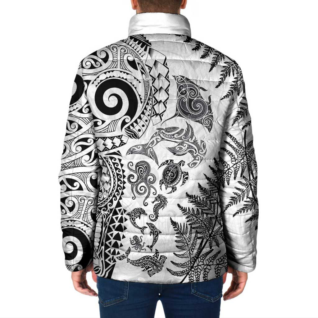 New Zealand Sea Animals Padded Jacket with Maori Koru Tribal Tattoo and Silver Ferns White Color