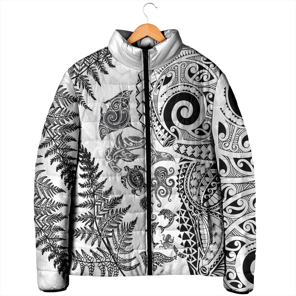 New Zealand Sea Animals Padded Jacket with Maori Koru Tribal Tattoo and Silver Ferns White Color