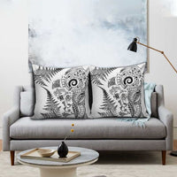 New Zealand Sea Animals Pillow Cover with Maori Koru Tribal Tattoo and Silver Ferns White Color