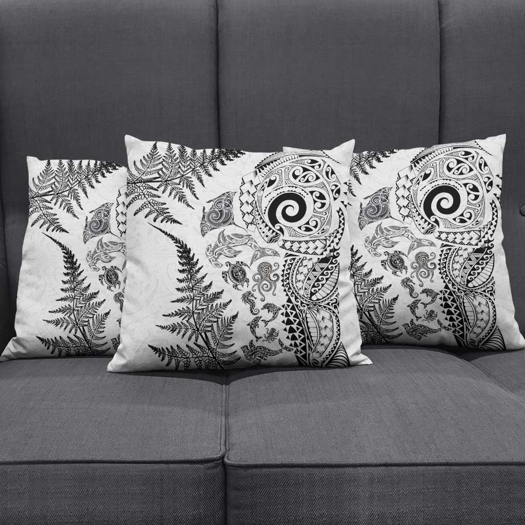 New Zealand Sea Animals Pillow Cover with Maori Koru Tribal Tattoo and Silver Ferns White Color