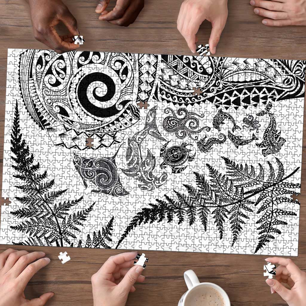 New Zealand Sea Animals Puzzle with Maori Koru Tribal Tattoo and Silver Ferns White Color