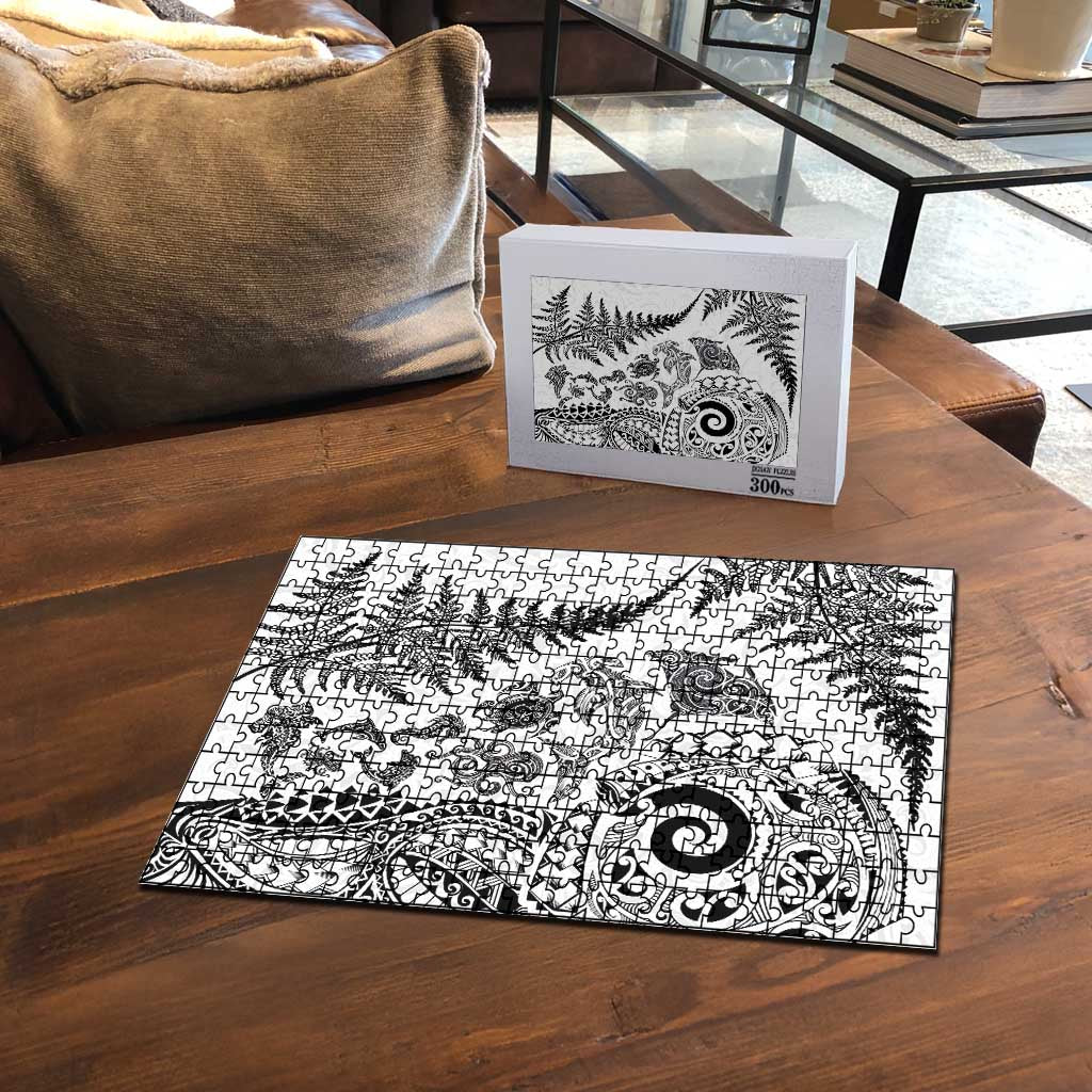 New Zealand Sea Animals Puzzle with Maori Koru Tribal Tattoo and Silver Ferns White Color