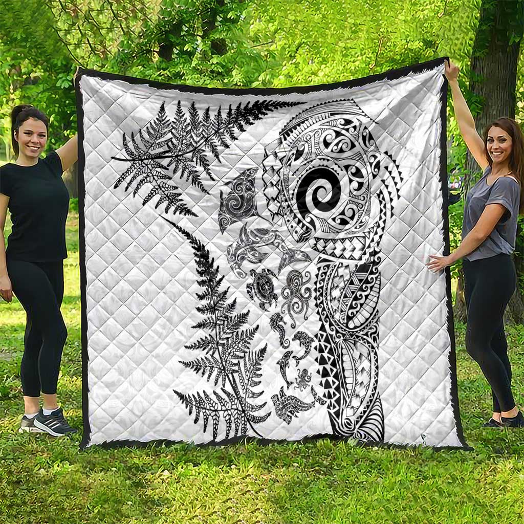 New Zealand Sea Animals Quilt with Maori Koru Tribal Tattoo and Silver Ferns White Color
