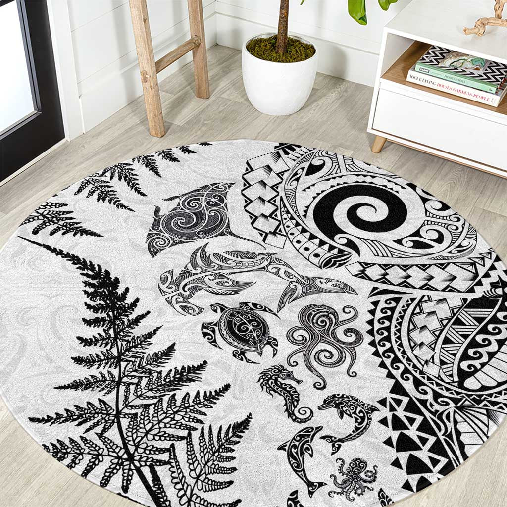 New Zealand Sea Animals Round Carpet with Maori Koru Tribal Tattoo and Silver Ferns White Color