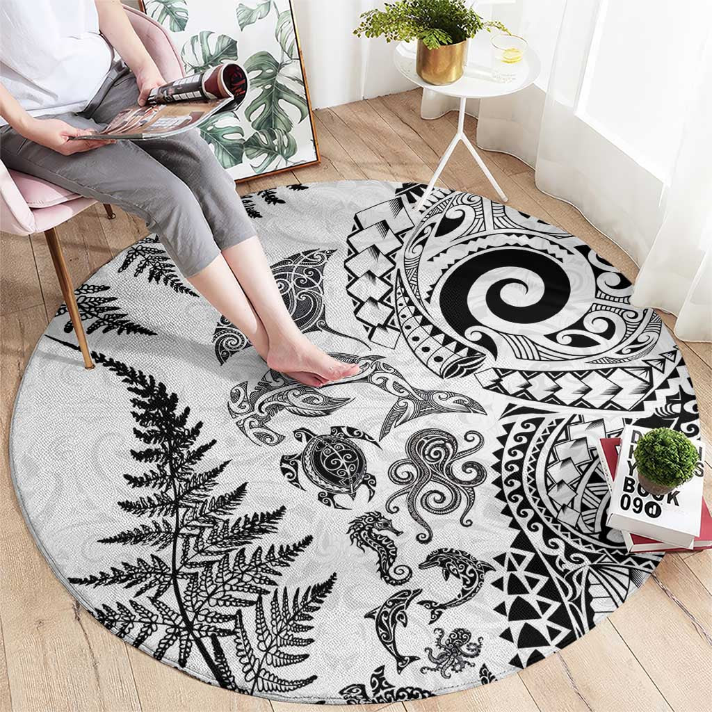 New Zealand Sea Animals Round Carpet with Maori Koru Tribal Tattoo and Silver Ferns White Color