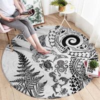 New Zealand Sea Animals Round Carpet with Maori Koru Tribal Tattoo and Silver Ferns White Color