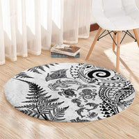 New Zealand Sea Animals Round Carpet with Maori Koru Tribal Tattoo and Silver Ferns White Color