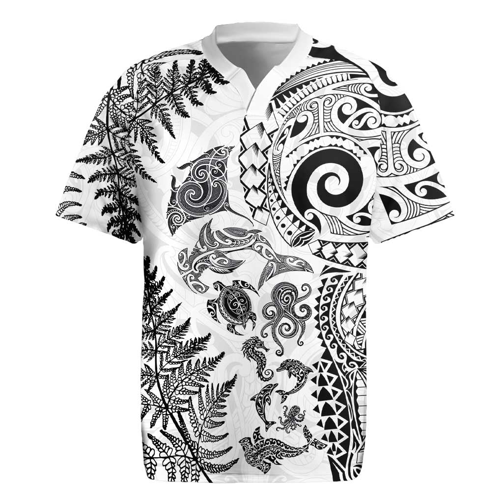 New Zealand Sea Animals Rugby Jersey with Maori Koru Tribal Tattoo and Silver Ferns White Color