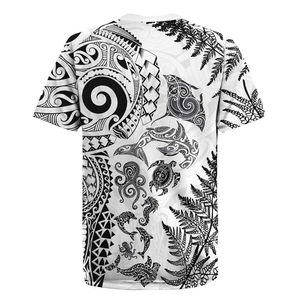 New Zealand Sea Animals Rugby Jersey with Maori Koru Tribal Tattoo and Silver Ferns White Color