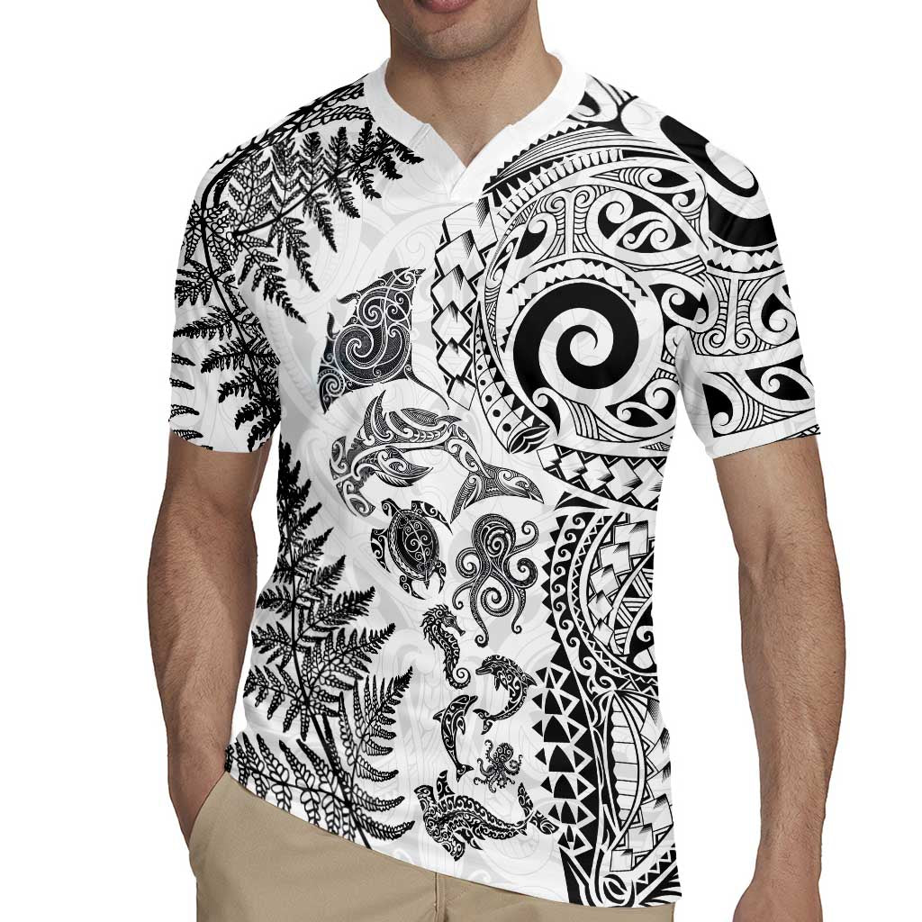 New Zealand Sea Animals Rugby Jersey with Maori Koru Tribal Tattoo and Silver Ferns White Color