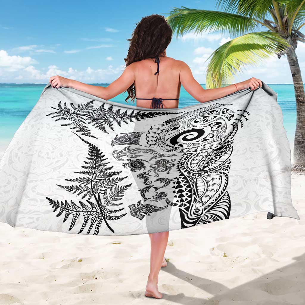 New Zealand Sea Animals Sarong with Maori Koru Tribal Tattoo and Silver Ferns White Color
