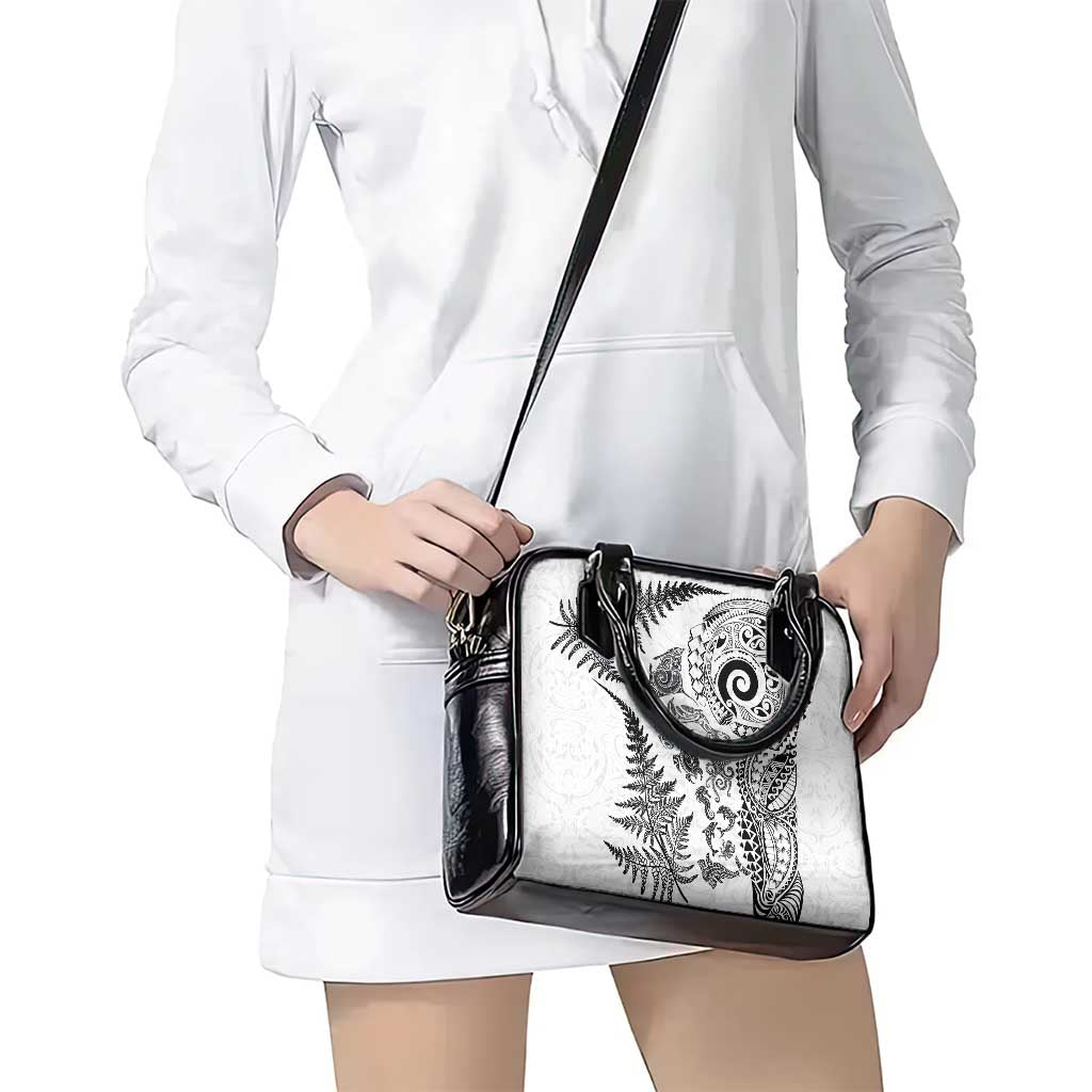 New Zealand Sea Animals Shoulder Handbag with Maori Koru Tribal Tattoo and Silver Ferns White Color