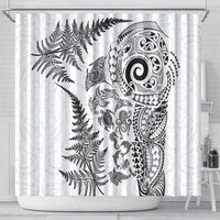 New Zealand Sea Animals Shower Curtain with Maori Koru Tribal Tattoo and Silver Ferns White Color
