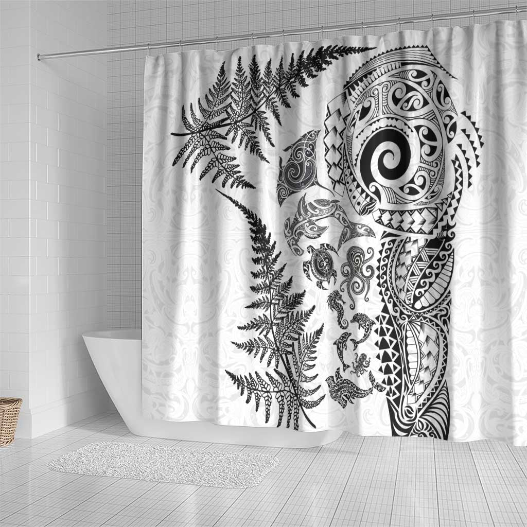 New Zealand Sea Animals Shower Curtain with Maori Koru Tribal Tattoo and Silver Ferns White Color