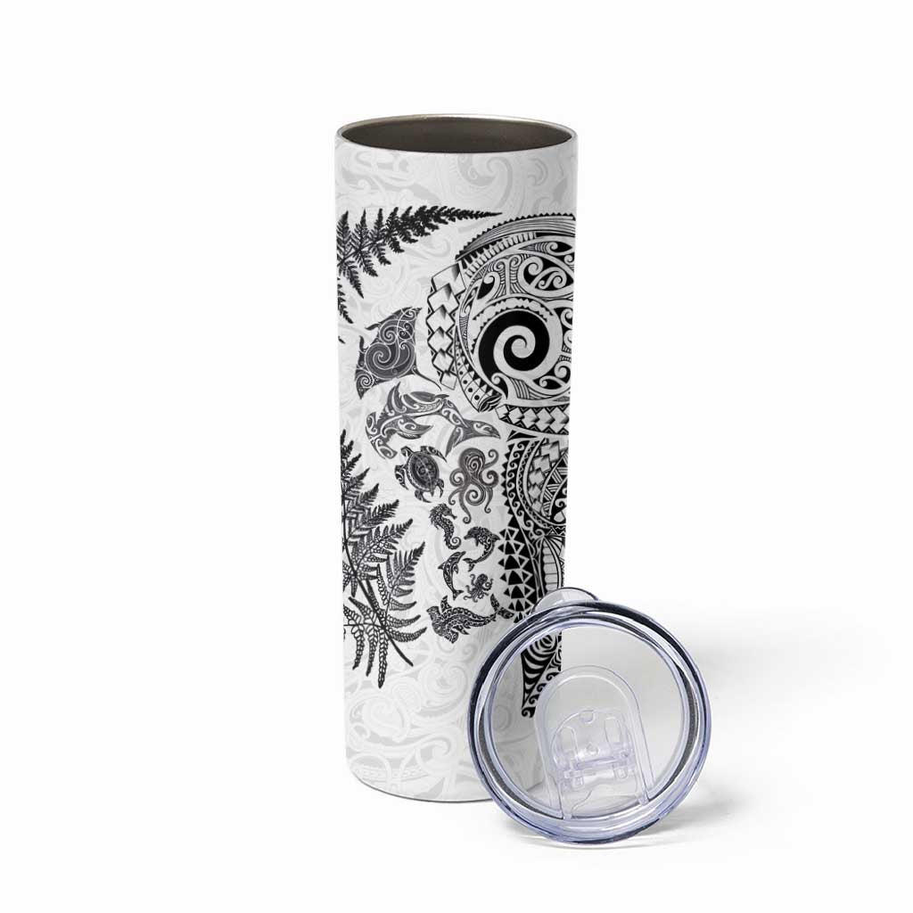 New Zealand Sea Animals Skinny Tumbler with Maori Koru Tribal Tattoo and Silver Ferns White Color