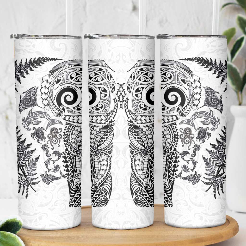 New Zealand Sea Animals Skinny Tumbler with Maori Koru Tribal Tattoo and Silver Ferns White Color