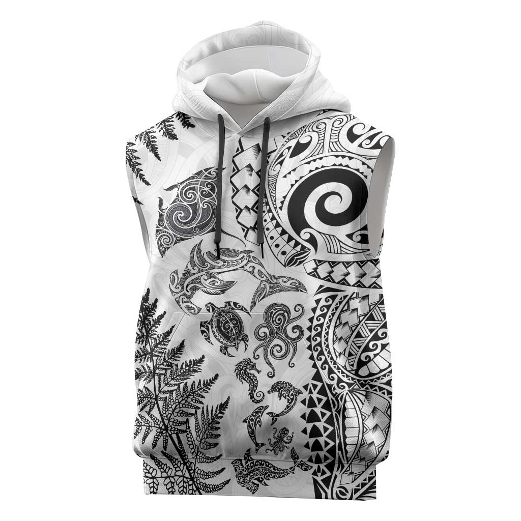New Zealand Sea Animals Sleeveless Hoodie with Maori Koru Tribal Tattoo and Silver Ferns White Color LT03 White - Polynesian Pride