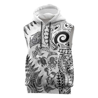 New Zealand Sea Animals Sleeveless Hoodie with Maori Koru Tribal Tattoo and Silver Ferns White Color LT03 White - Polynesian Pride