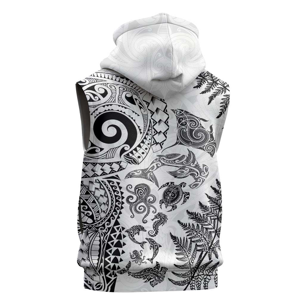 New Zealand Sea Animals Sleeveless Hoodie with Maori Koru Tribal Tattoo and Silver Ferns White Color LT03 - Polynesian Pride
