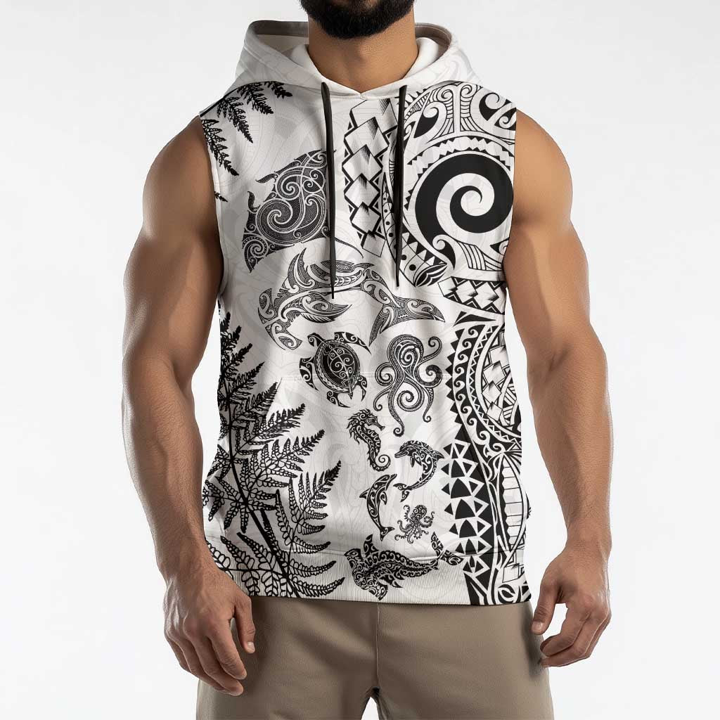 New Zealand Sea Animals Sleeveless Hoodie with Maori Koru Tribal Tattoo and Silver Ferns White Color LT03 - Polynesian Pride