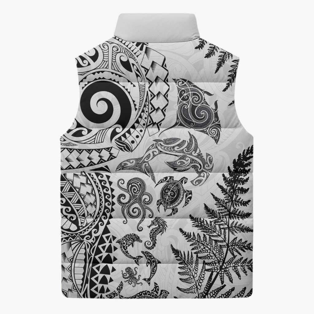 New Zealand Sea Animals Sleeveless Puffer Jacket with Maori Koru Tribal Tattoo and Silver Ferns White Color