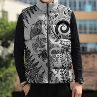 New Zealand Sea Animals Sleeveless Puffer Jacket with Maori Koru Tribal Tattoo and Silver Ferns White Color
