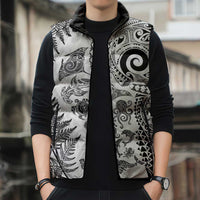 New Zealand Sea Animals Sleeveless Puffer Jacket with Maori Koru Tribal Tattoo and Silver Ferns White Color