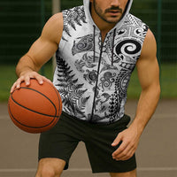 New Zealand Sea Animals Sleeveless Zip Hoodie with Maori Koru Tribal Tattoo and Silver Ferns White Color