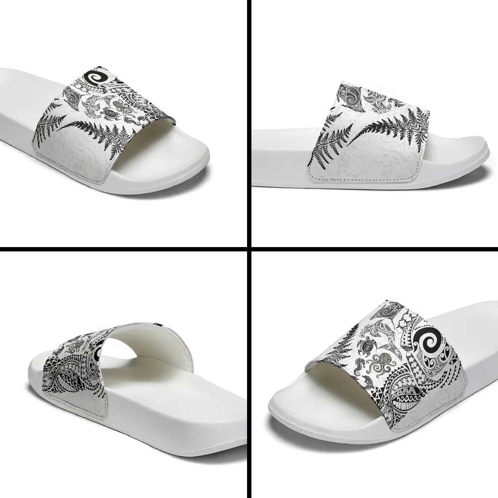 New Zealand Sea Animals Slide Sandals with Maori Koru Tribal Tattoo and Silver Ferns White Color