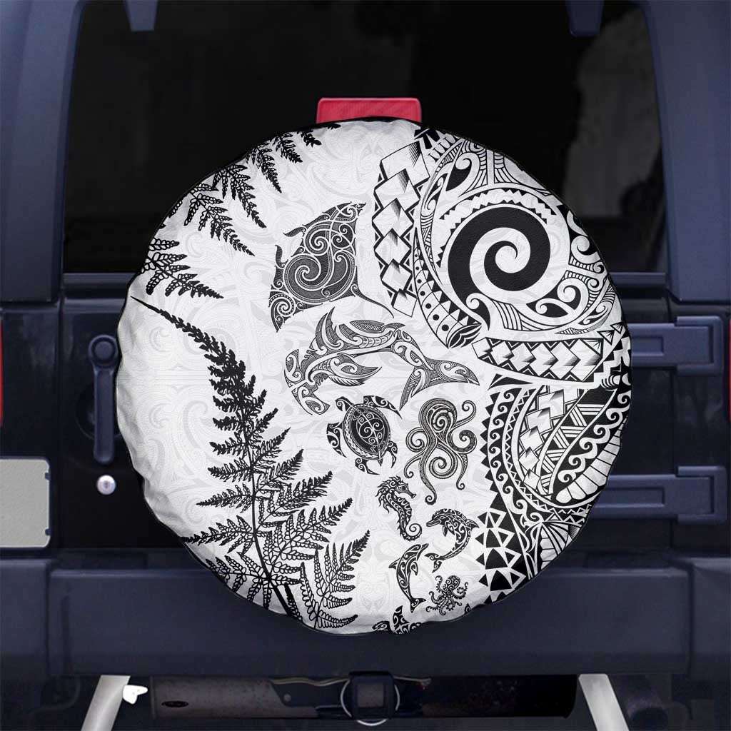 New Zealand Sea Animals Spare Tire Cover with Maori Koru Tribal Tattoo and Silver Ferns White Color