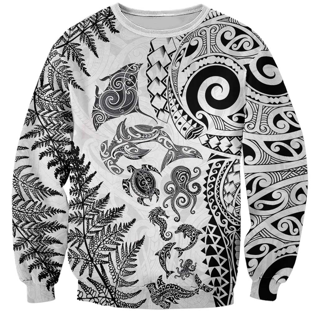 New Zealand Sea Animals Sweatshirt with Maori Koru Tribal Tattoo and Silver Ferns White Color