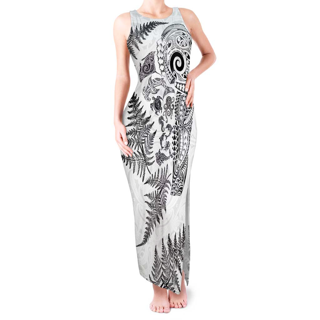 New Zealand Sea Animals Tank Maxi Dress with Maori Koru Tribal Tattoo and Silver Ferns White Color