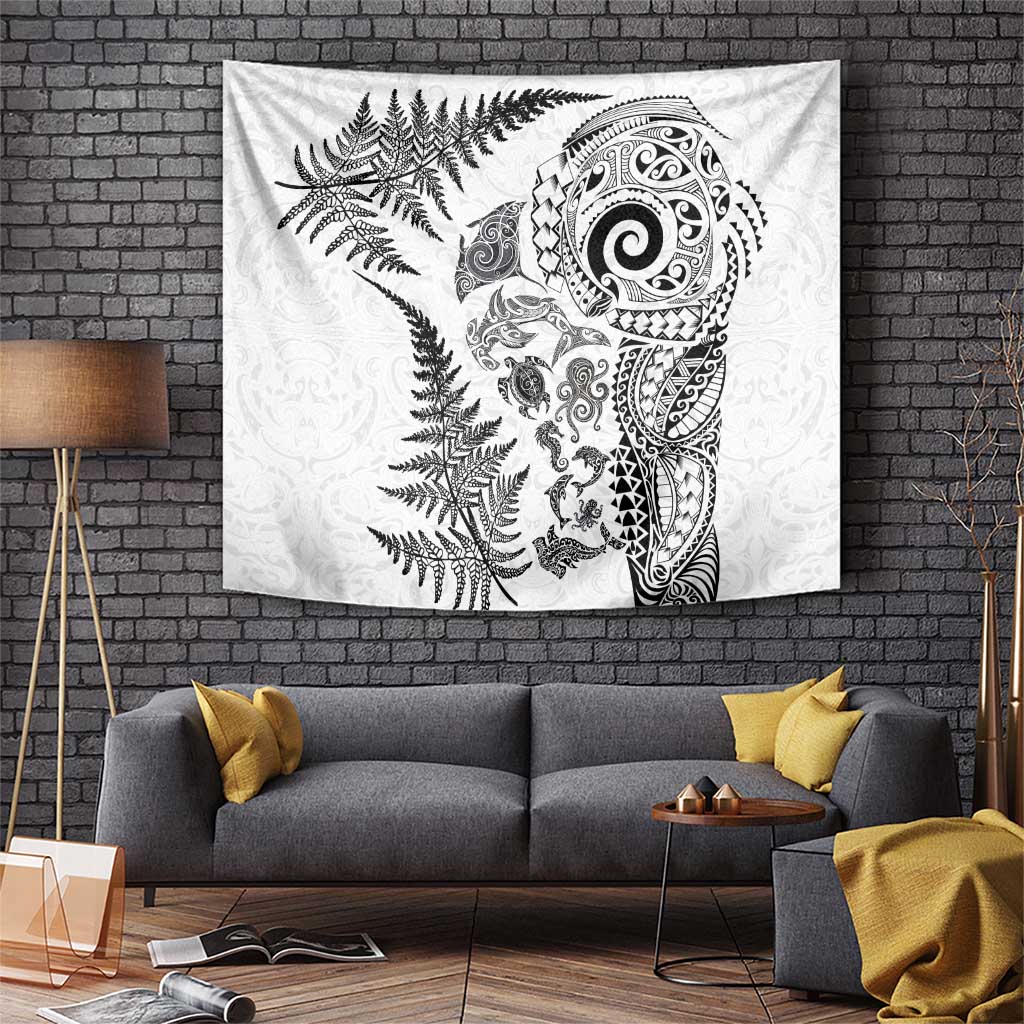 New Zealand Sea Animals Tapestry with Maori Koru Tribal Tattoo and Silver Ferns White Color