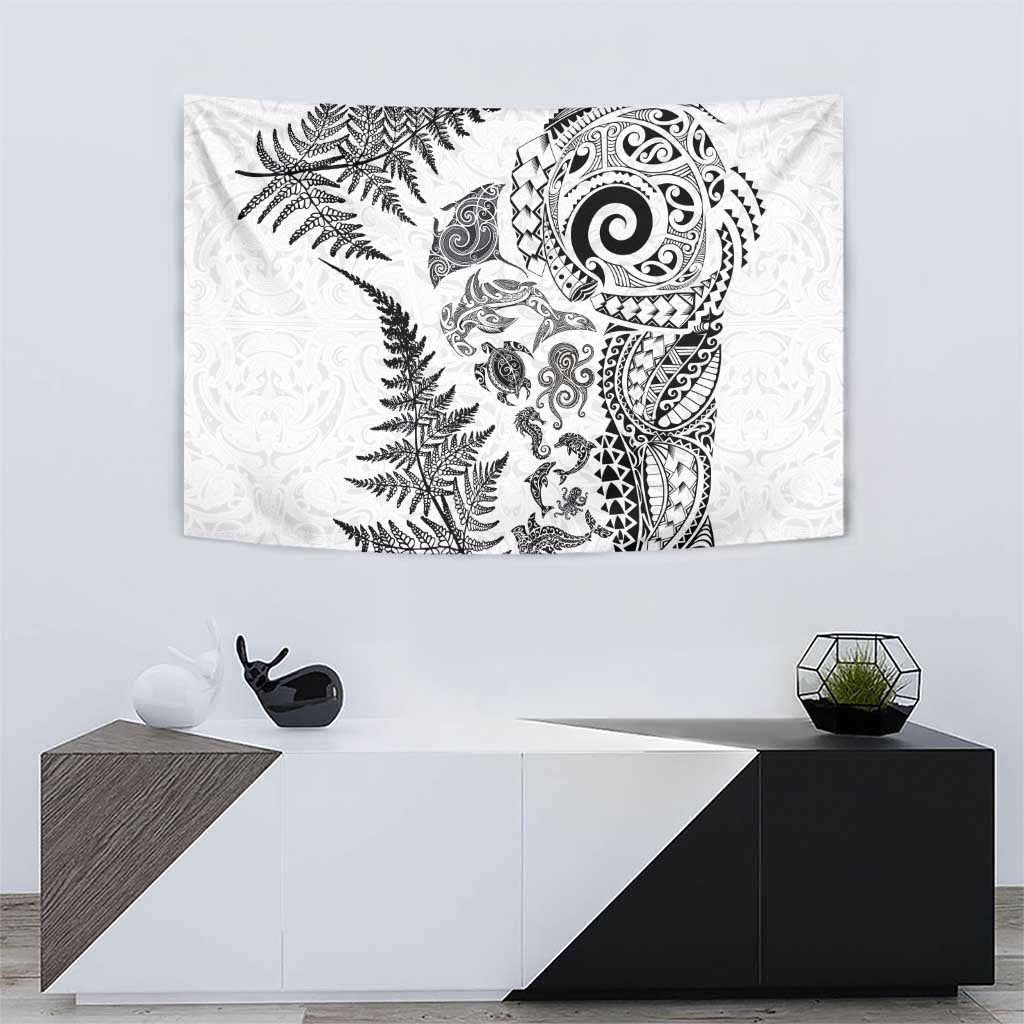 New Zealand Sea Animals Tapestry with Maori Koru Tribal Tattoo and Silver Ferns White Color