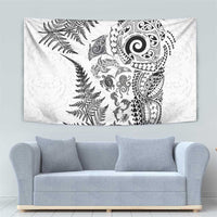 New Zealand Sea Animals Tapestry with Maori Koru Tribal Tattoo and Silver Ferns White Color
