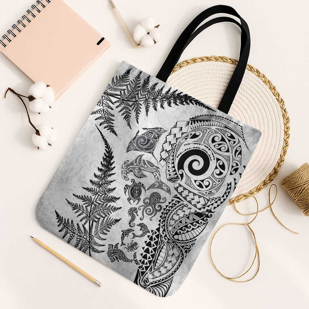New Zealand Sea Animals Tote Bag with Maori Koru Tribal Tattoo and Silver Ferns White Color