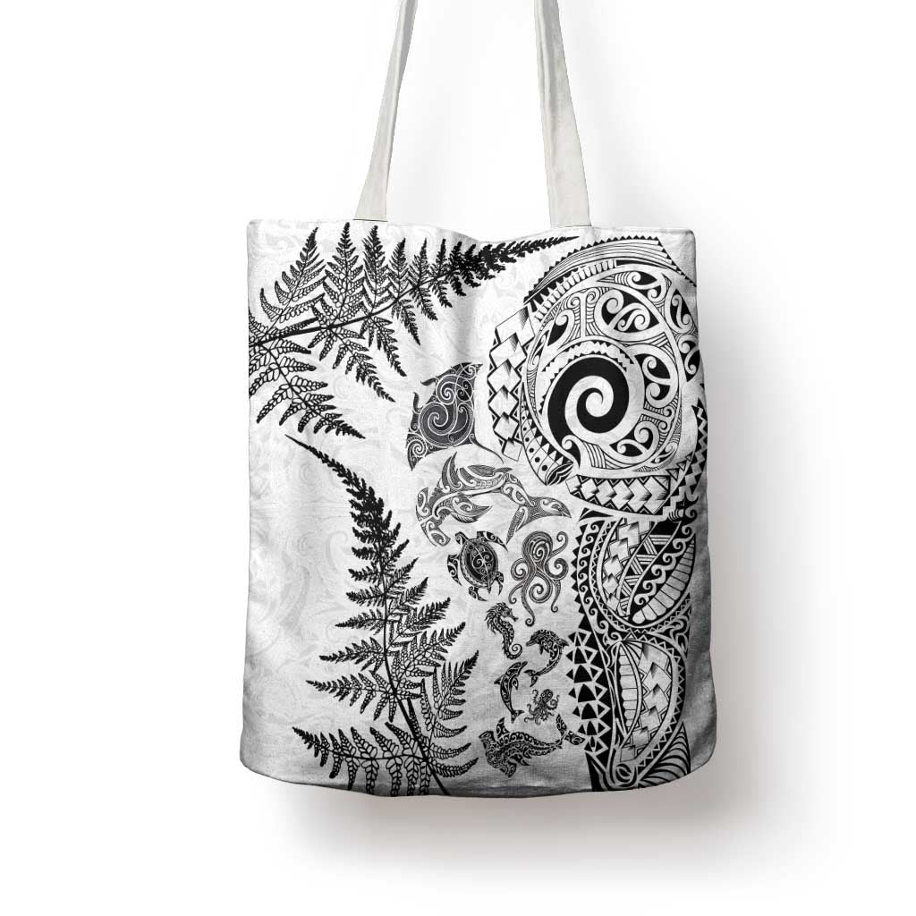New Zealand Sea Animals Tote Bag with Maori Koru Tribal Tattoo and Silver Ferns White Color