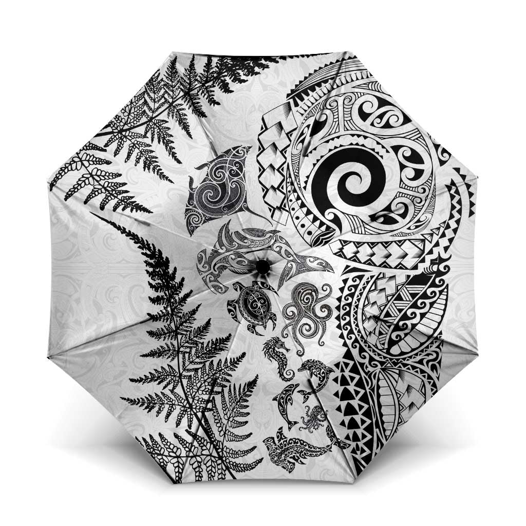 New Zealand Sea Animals Umbrella with Maori Koru Tribal Tattoo and Silver Ferns White Color