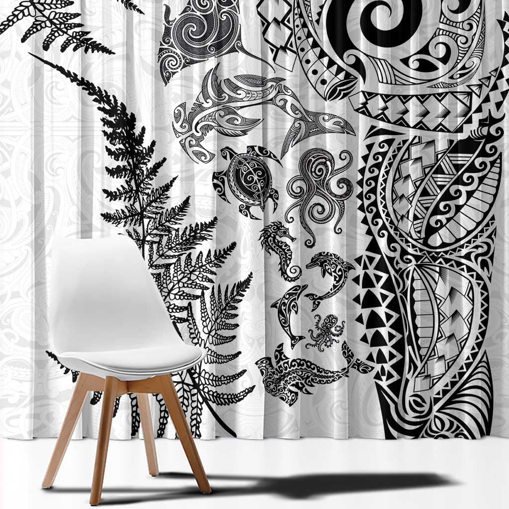 New Zealand Sea Animals Window Curtain with Maori Koru Tribal Tattoo and Silver Ferns White Color