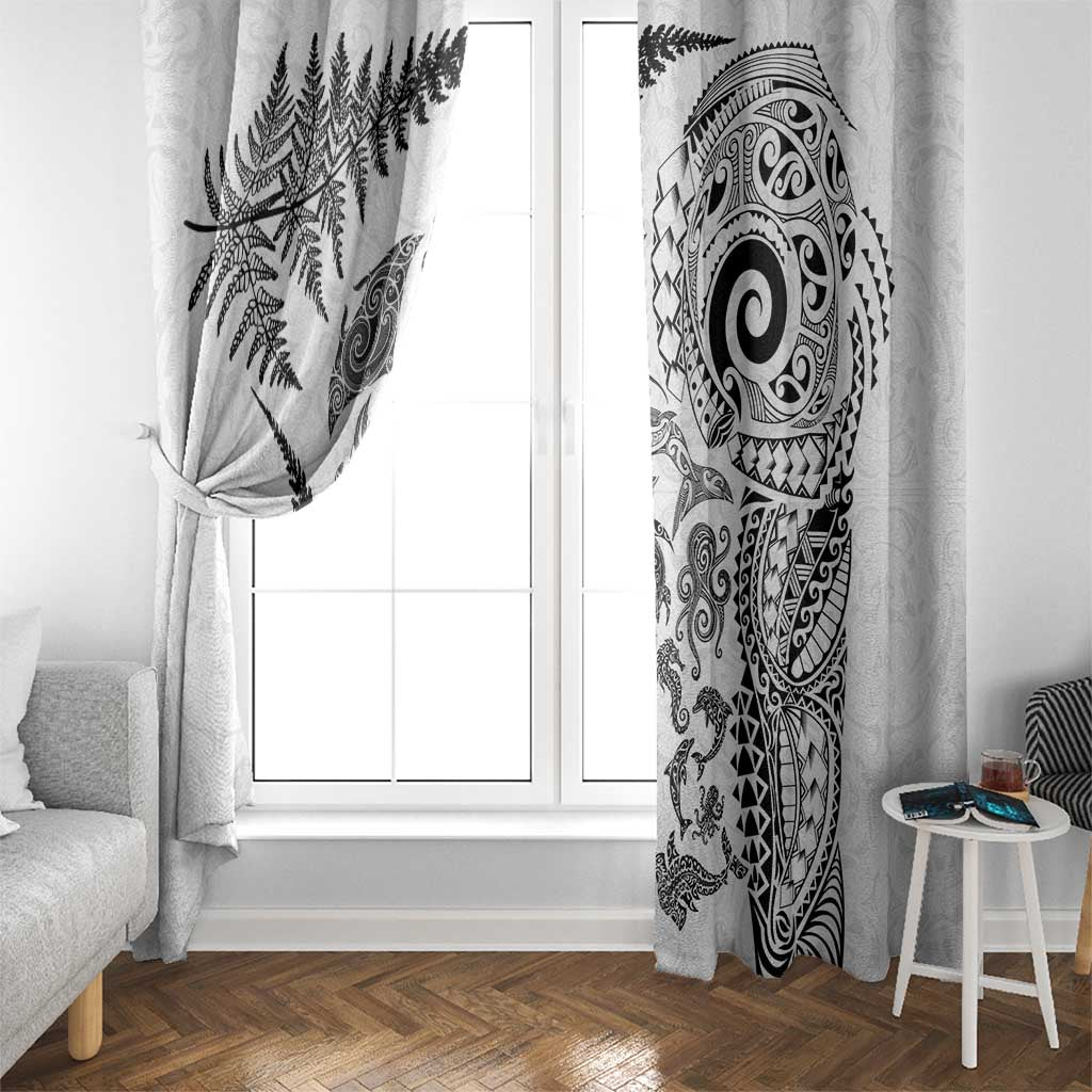 New Zealand Sea Animals Window Curtain with Maori Koru Tribal Tattoo and Silver Ferns White Color