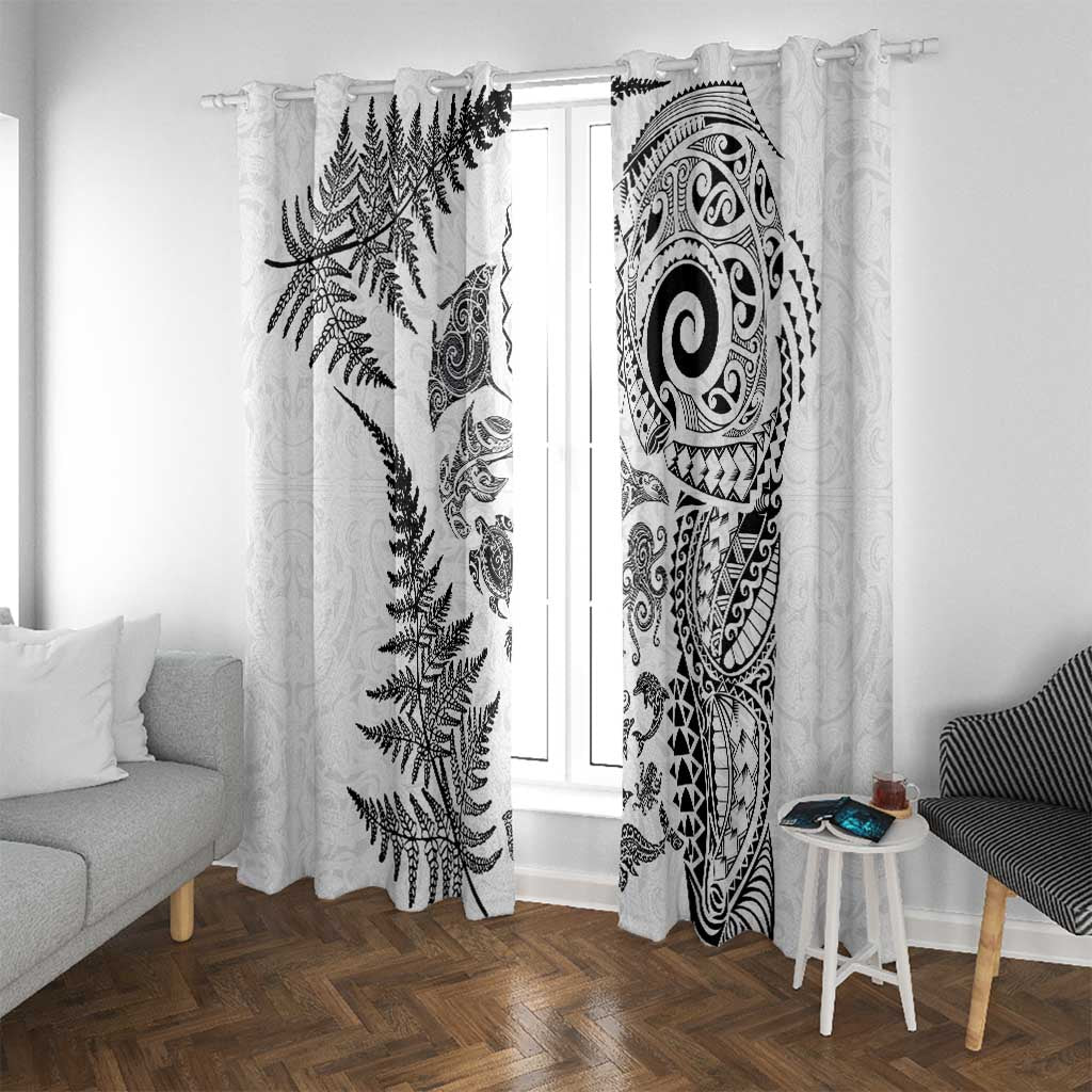 New Zealand Sea Animals Window Curtain with Maori Koru Tribal Tattoo and Silver Ferns White Color