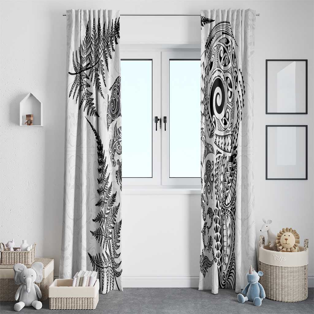 New Zealand Sea Animals Window Curtain with Maori Koru Tribal Tattoo and Silver Ferns White Color