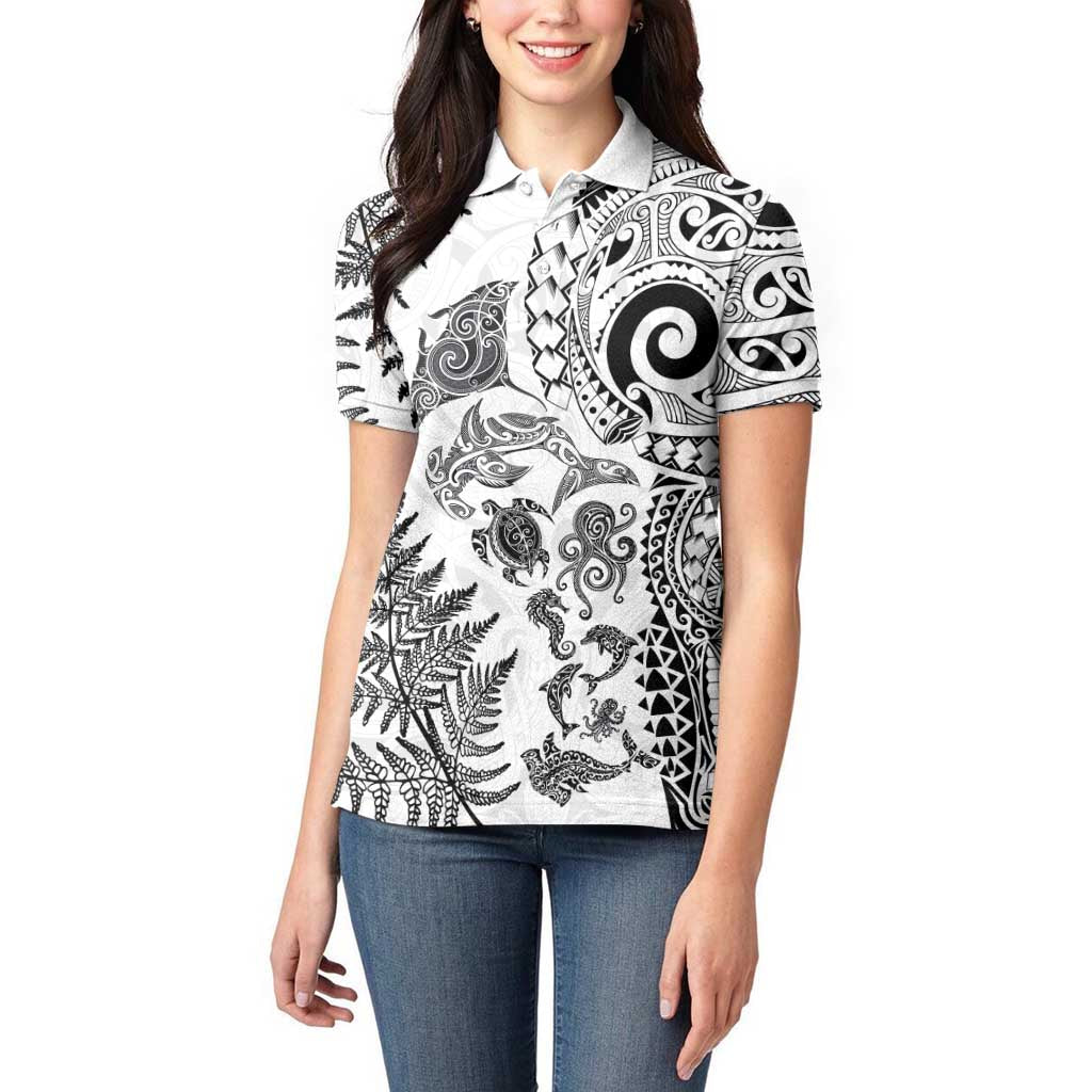 New Zealand Sea Animals Women Polo Shirt with Maori Koru Tribal Tattoo and Silver Ferns White Color