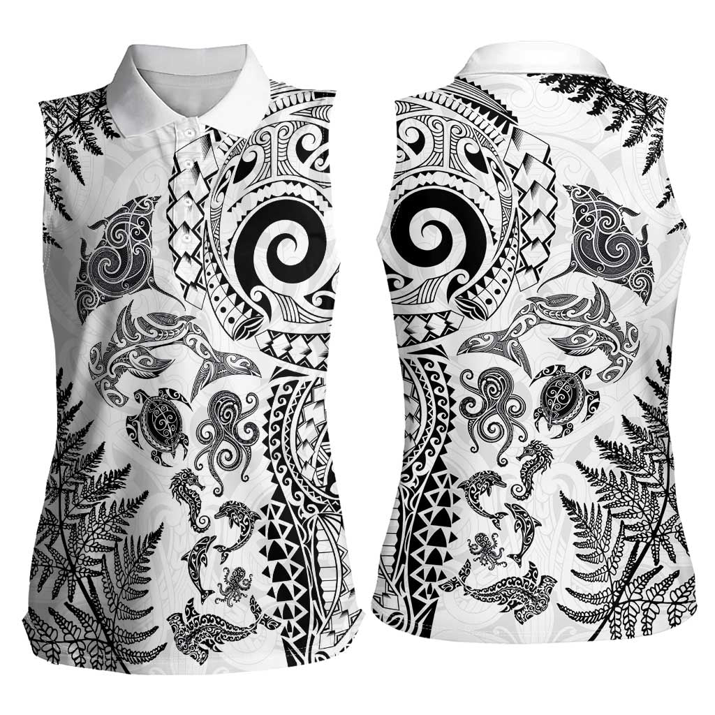 New Zealand Sea Animals Women Sleeveless Polo Shirt with Maori Koru Tribal Tattoo and Silver Ferns White Color