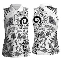New Zealand Sea Animals Women Sleeveless Polo Shirt with Maori Koru Tribal Tattoo and Silver Ferns White Color