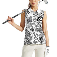 New Zealand Sea Animals Women Sleeveless Polo Shirt with Maori Koru Tribal Tattoo and Silver Ferns White Color