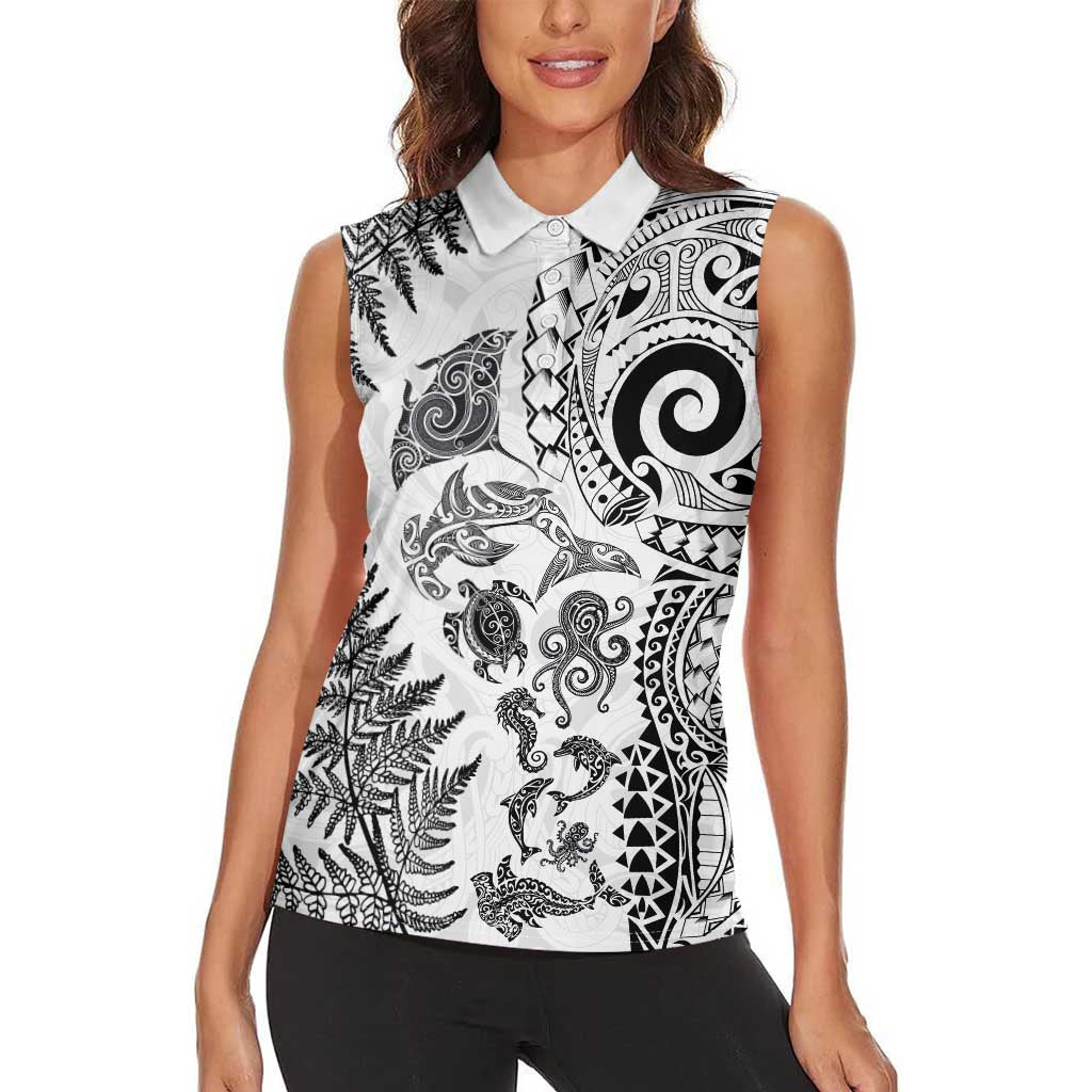 New Zealand Sea Animals Women Sleeveless Polo Shirt with Maori Koru Tribal Tattoo and Silver Ferns White Color