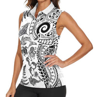 New Zealand Sea Animals Women Sleeveless Polo Shirt with Maori Koru Tribal Tattoo and Silver Ferns White Color