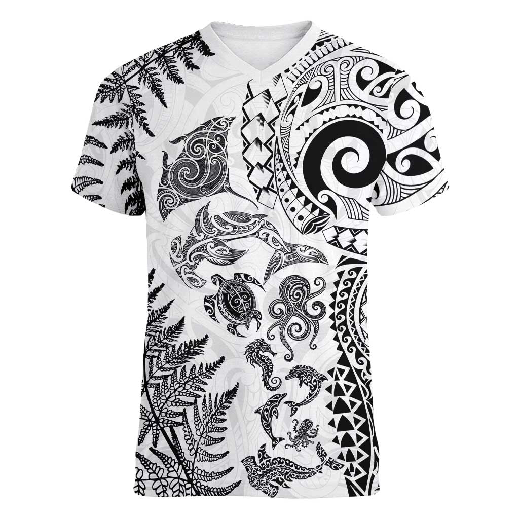New Zealand Sea Animals Women V-Neck T-Shirt with Maori Koru Tribal Tattoo and Silver Ferns White Color
